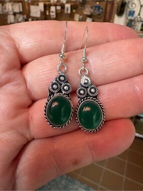 925 Polished Silver Green Onyx Earrings
